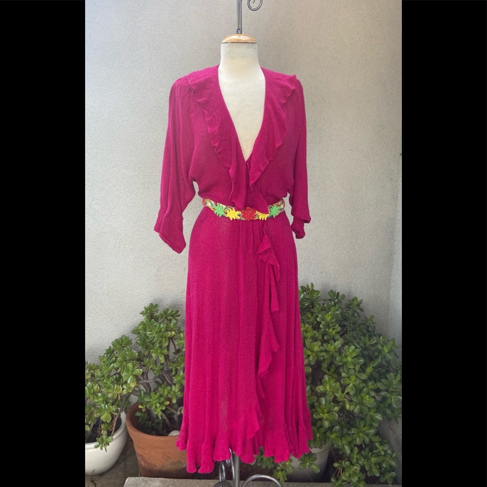 Vtg boho fuchsia knit ruffle dress sz M Sybil Ca
